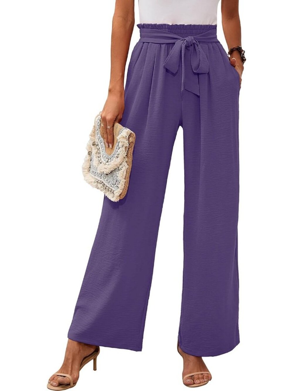 Women Deep Purple Wide Leg Pant High Waisted Tie Knot Loose Comfy Casual Trouser